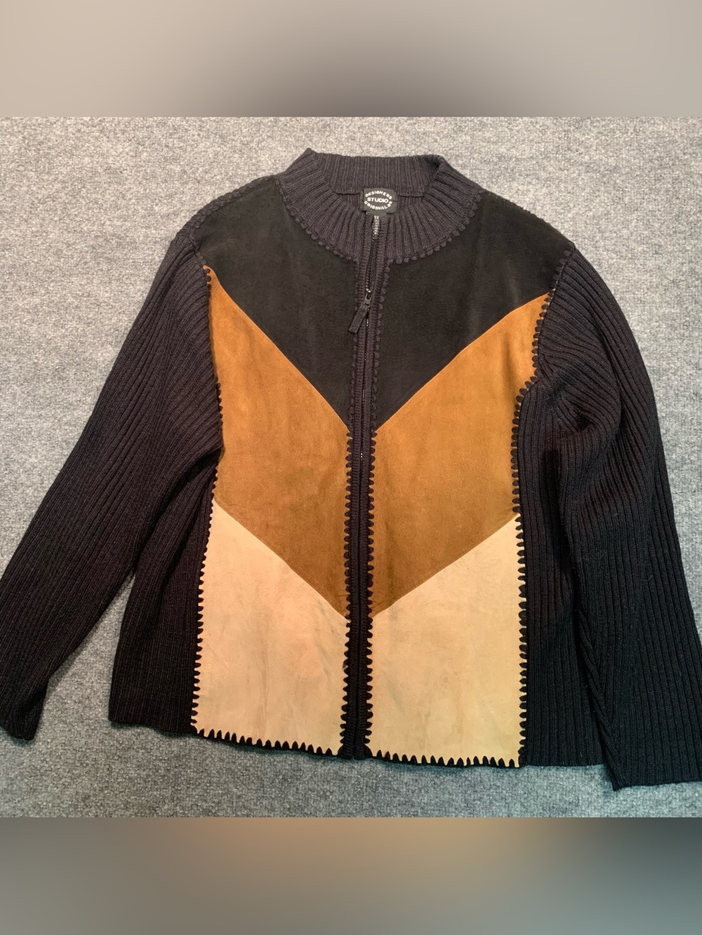 Women’s Black Knit Zip Sweater with Brown and Tan Leather Panels Retro Cool 3X